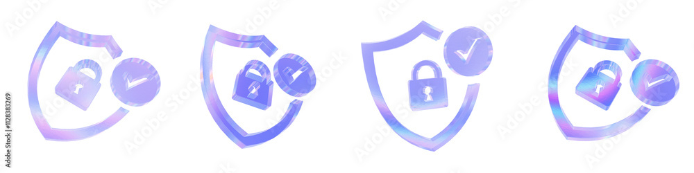 Poster set of 4 3d glass check mark security outline shape with aberration effect isolated on a transparent