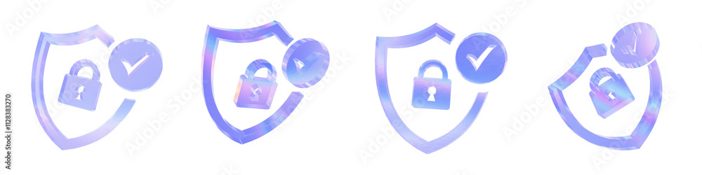 Poster set of 4 3d glass check mark security outline shape with aberration effect isolated on a transparent