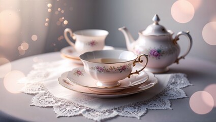 Fototapeta premium Tea cup and teapot with elegant mood on delicate background with copy space