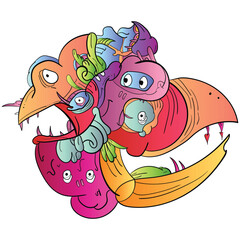Vector illustration of Doodle cute Monster, face, eye, bird, fang and skull . Hand drawing Doodle