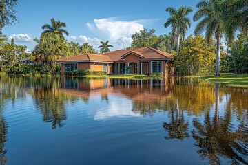 Obraz premium Homes submerged in rising water, showcasing flood protection services and their importance during hurricane season, reflections on water surface.
