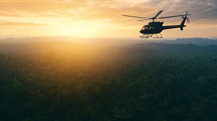 Fototapeta premium Aerial view of a helicopter flying above a dense lush tropical rainforest with sunlight filtering through the vibrant green foliage of the dense tree canopy creating a serene and scenic landscape