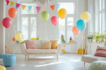 Birthday surprise moment as someone walks into a room filled with balloons and banners. Copyspace on the top. Natural daylight. Living room decorated with birthday themes.