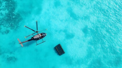 Aerial view of a helicopter flying low over the open ocean with the wreckage of a shipwreck visible in the water below  The scene has a dramatic vintage and surreal feel