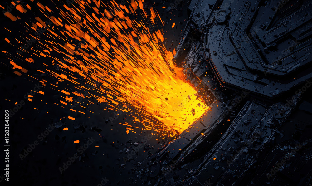 Poster dynamic and explosive energy burst from metal forge - capturing the intensity and power of industria