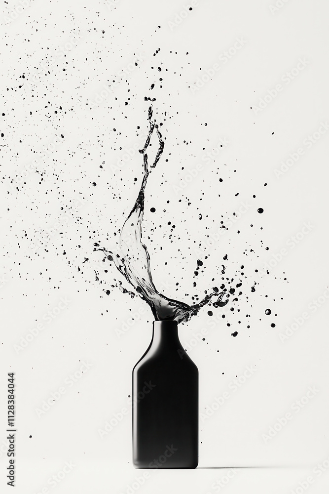 Poster dynamic black liquid splashing from geometric bottle - minimalist and abstract conceptual art on whi