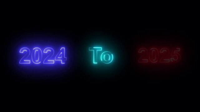 Animation of Glowing neon goodbye 2024 and welcoming the new year 2025. Year change concept Happy New Year and 2025 Watermark Animation On Colorful Background