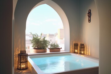 Fototapeta premium The indoor bathtub on the balcony of a luxury hotel room