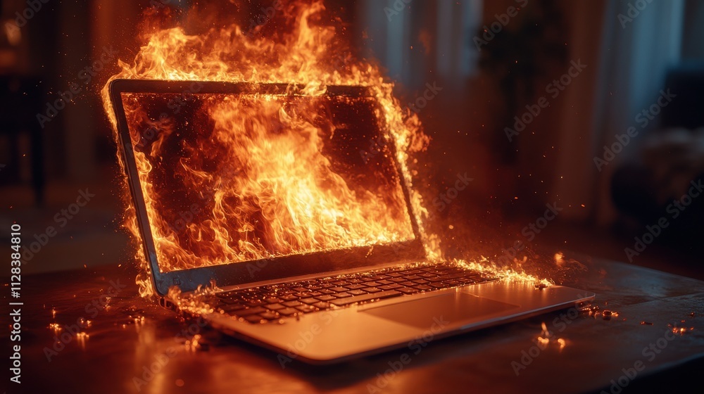 Poster a laptop caught fire in the room on the table displaying flames and sparks a short circuit in the ba