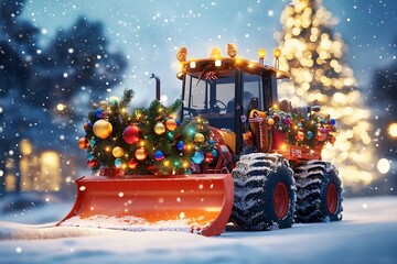 City snow removal equipment decorated with garlands in anticipation of the holiday