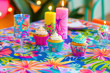 Birthday table setup with cupcakes, candles, and vibrant party decorations. Copyspace in the center. Bright, festive lighting. Colorful party room background.