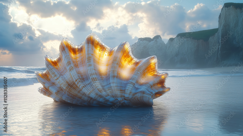 Poster giant seashell rests on tranquil beach at sunset, waves gently lapping against its surface and cloud