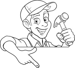 A cartoon mascot man handyman or carpenter holding a hammer tool, peeking around a sign and pointing
