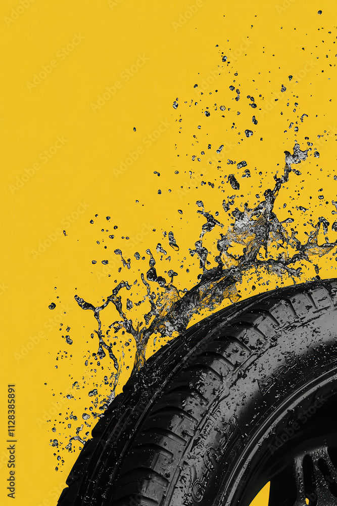 Poster dynamic tire splash against vibrant yellow background highlighting precision and performance in auto