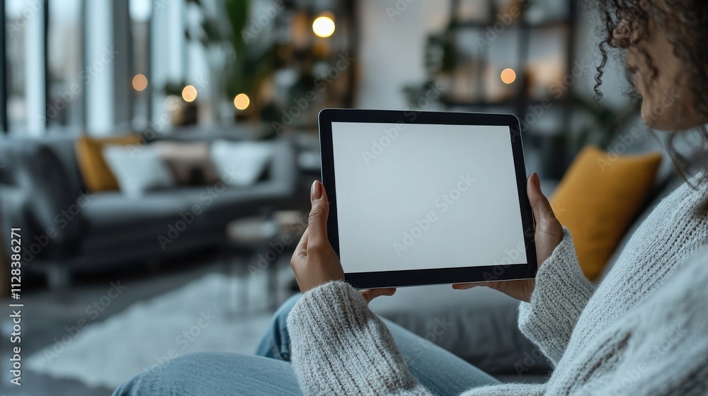Poster a of a woman using a tablet computer with a white blank desktop scree