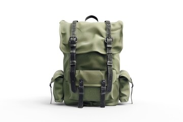 Naklejka premium Green backpack with black straps isolated on white background.