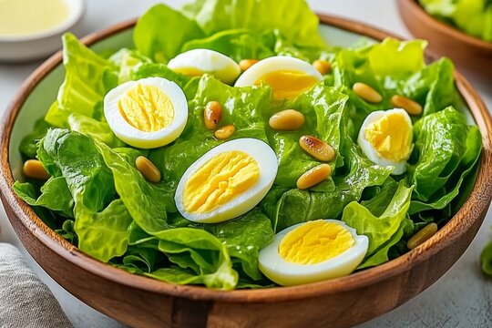  Ensalada de lechuga romana con rodajas de huevo cocido y pi&ntilde;ones, servida en un cuenco de madera r&uacute;stica.

