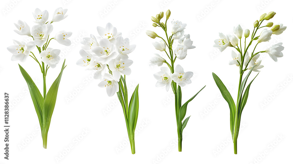 Wall mural set of white ornithogalum flowers and arrangements isolated on white or transparent background