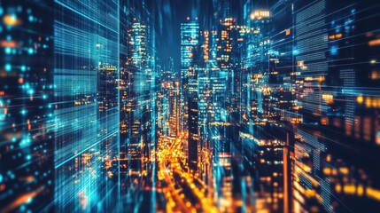 Obraz premium Holographic city at night, neon-lit digital streets, transparent skyscrapers, floating data hubs, high-tech surveillance, vibrant futuristic atmosphere 