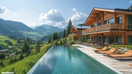 a modern hotel in the alps surrounded by green meadows with wooden buildings an outdoor swimming pool and a sun terrace solar panel