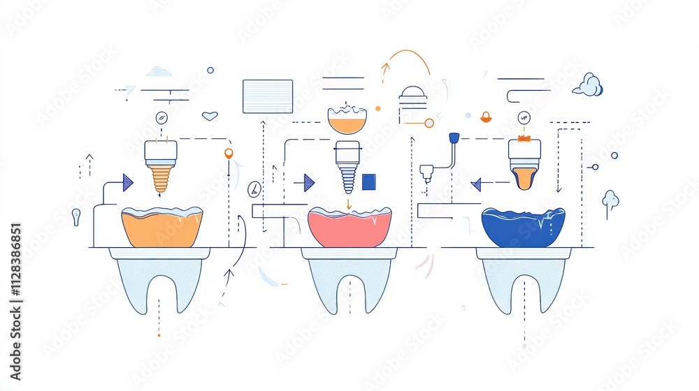 Aufkleber this illustration showcases the dental implant process in three stages, highlighting key steps while