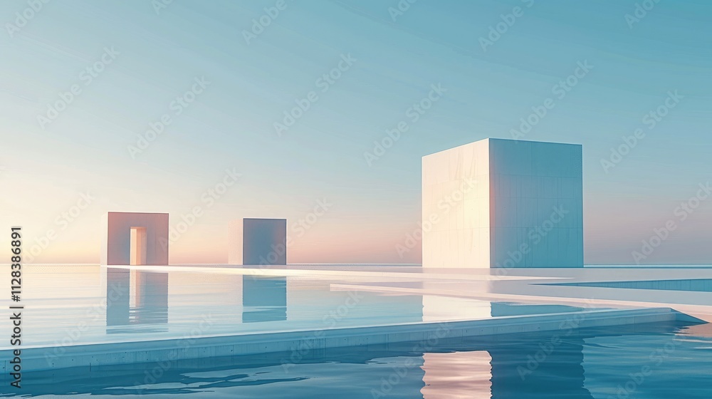 Aufkleber a minimalist scene of three cube-shaped buildings on the horizon.