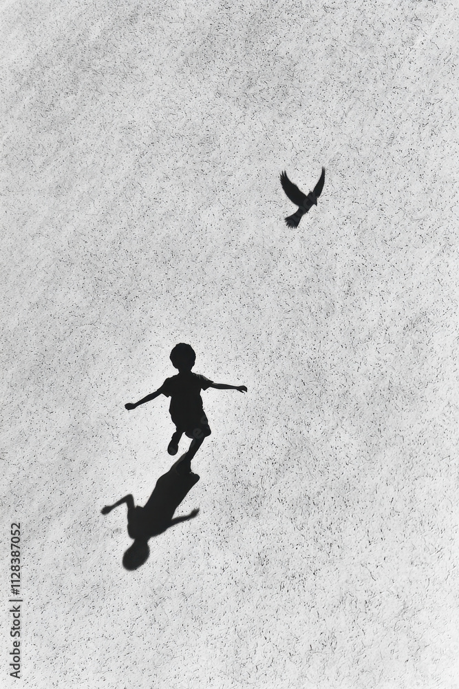Poster captivating scene of child's shadow dancing with a bird amidst a minimalistic backdrop symbolizing f
