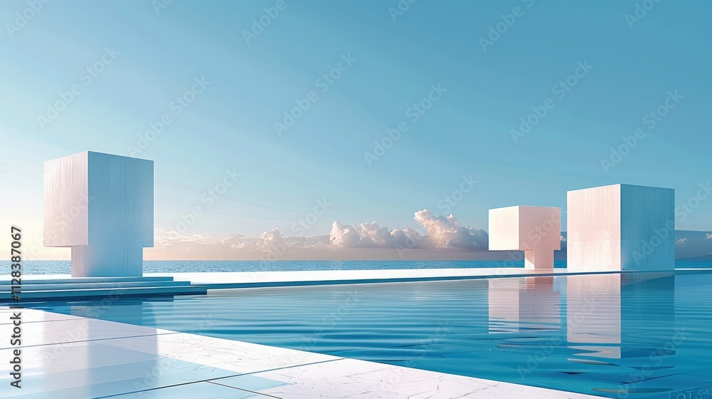 Poster a minimalist scene of three cube-shaped buildings on the horizon.