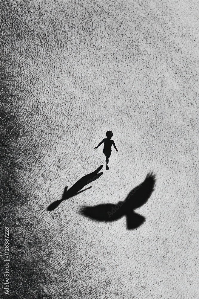 Poster capturing the dance of shadows: child and bird in playful harmony with light and space, exploring im
