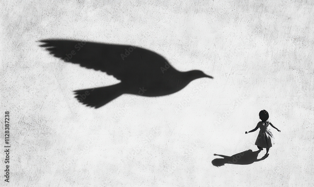 Poster exploring freedom and imagination: a child's playful dance with shadows and dreams in a boundless ex