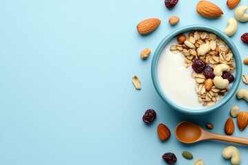 Tazón de yogur decorado con frutos secos y almendras sobre un fondo azul.
