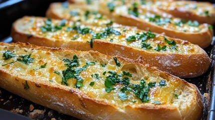 Golden-brown garlic bread topped with melted cheese and parsley. Perfect appetizer or side dish for any meal, adding savory flavor.