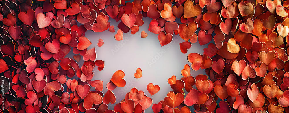 Aufkleber A background with lots of hearts, forming the shape and colors of a heart in red tones. The center is decorated with empty space for text. top view.