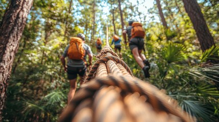 A group of hikers with backpacks navigating a rope bridge in a lush forest, surrounded by towering trees and vibrant greenery