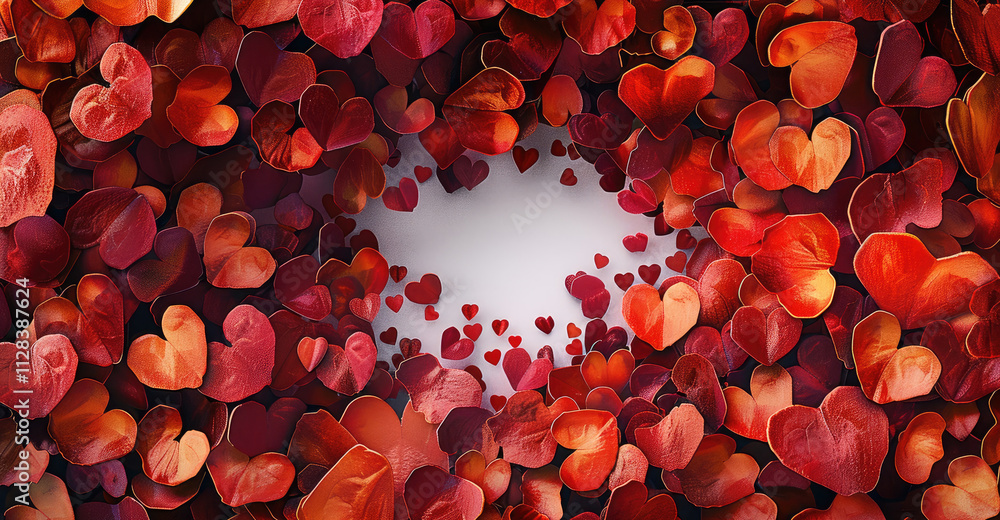 Poster A background with lots of hearts, forming the shape and colors of a heart in red tones. The center is decorated with empty space for text. top view.