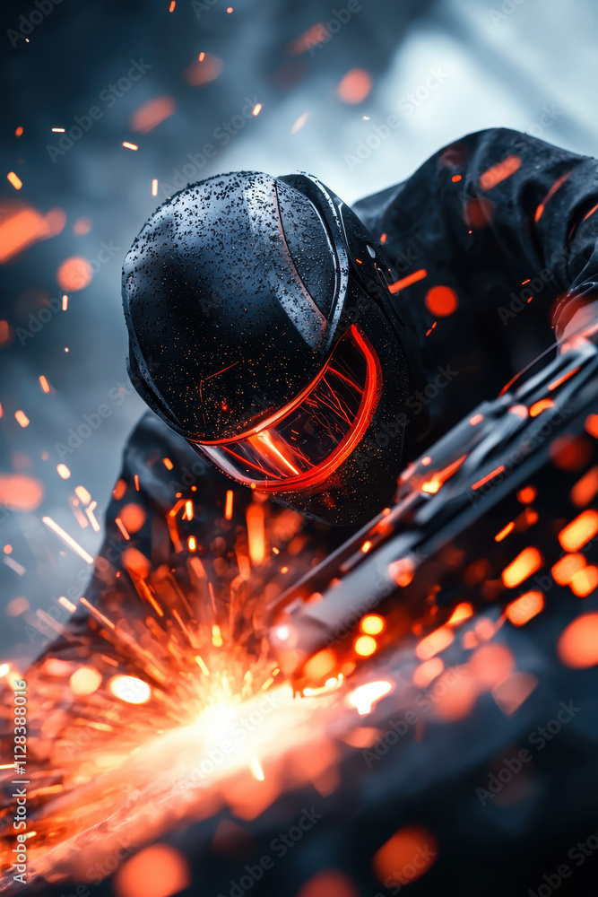 Poster dynamic image of a skilled welder at work with intense sparks flying from heated metal in an industr
