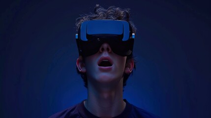 A young man wearing opaque virtual reality goggles, with a delighted laugh