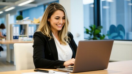 Obraz premium Professional Businesswoman Working on Laptop in Modern Office