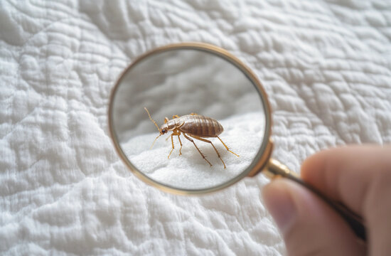 Un acarien est examin&eacute; en d&eacute;tail &agrave; l'aide d'une loupe plac&eacute;e sur un matelas textur&eacute; blanc.