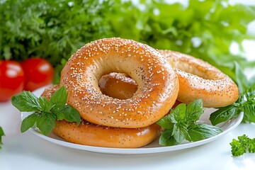  Bubliki tradicionales cubiertos con semillas de sésamo, presentados sobre un plato blanco.

