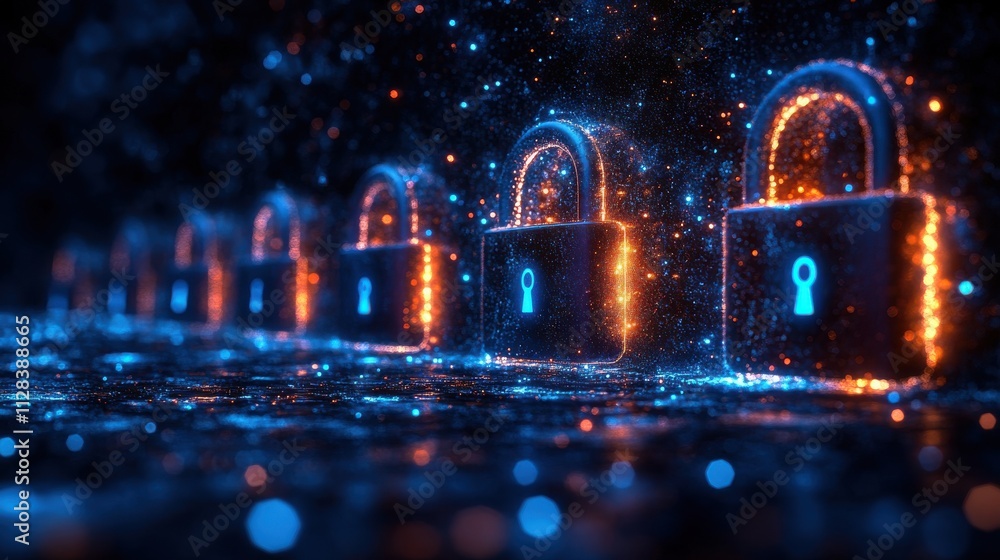 Poster a row of digital padlocks lined up on a dark digital background glowing in neon blue symbolizing dat