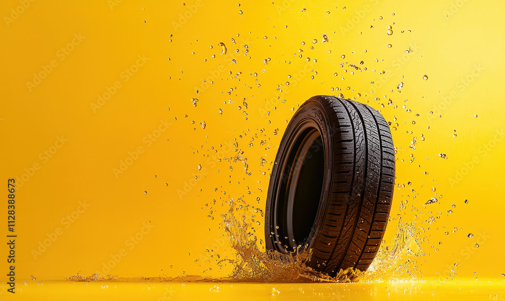 Aufkleber dynamic automotive tire with splashing water on yellow background: innovation and performance in mod