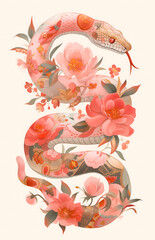 Beautiful Pink Snake Illustration with Elegant Floral Decoration