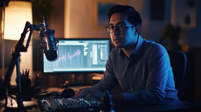 An investigative podcast creator from Mexico narrating crime investigation stories with impactful sound design