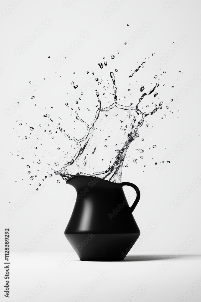 Poster dynamic monochrome water splash captured in minimalist black jug design visualizing fluid motion and