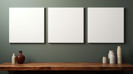 Three white square framed pictures on a wall