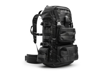 Naklejka premium Black travel backpack isolated on a white background perspective view backpack