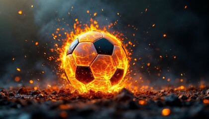 Fototapeta premium Explosive Soccer Ball Action Fiery Field Dynamic Sports Content Intense Environment Close-Up View Energy and Motion Concept