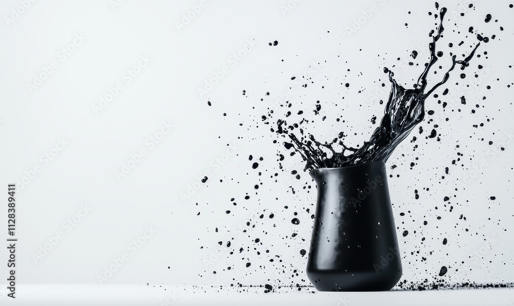 Poster dynamic splash of black liquid in minimalist vase creating bold artistic visual with modern elegance