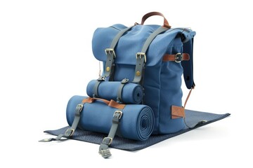 Naklejka premium backpack Blue hiking backpack with fitness mat isolated on white
